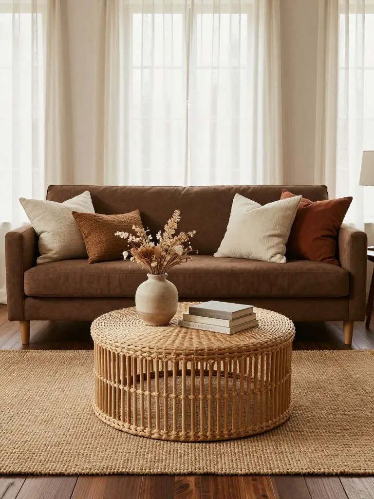 A cozy earthy living room centered around a deep brown upholstered sofa layered with textured cream, oat, and rust-toned pillows in linen an.