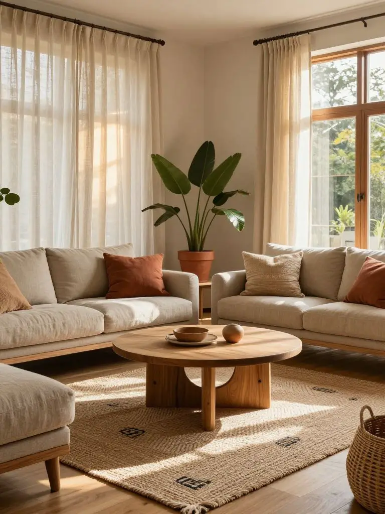 Design a cozy sustainable home decor living room using natural fiber textiles and earth tones.