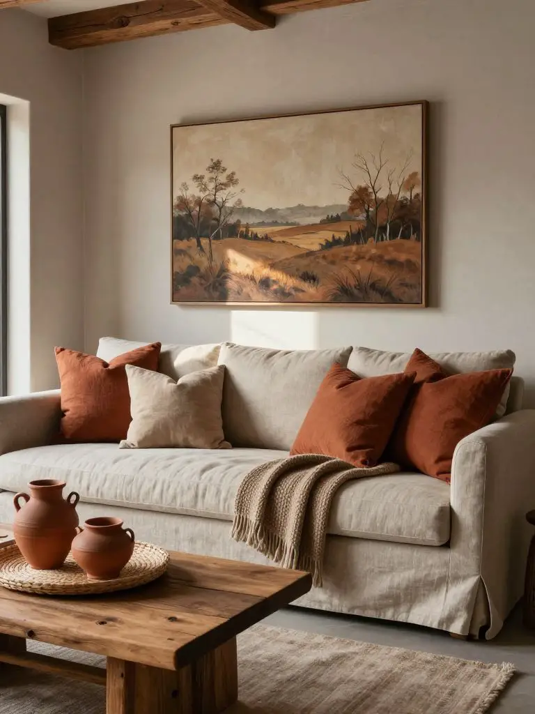 A cozy eco friendly living room corner styled in modern rustic with earthy autumn accents.