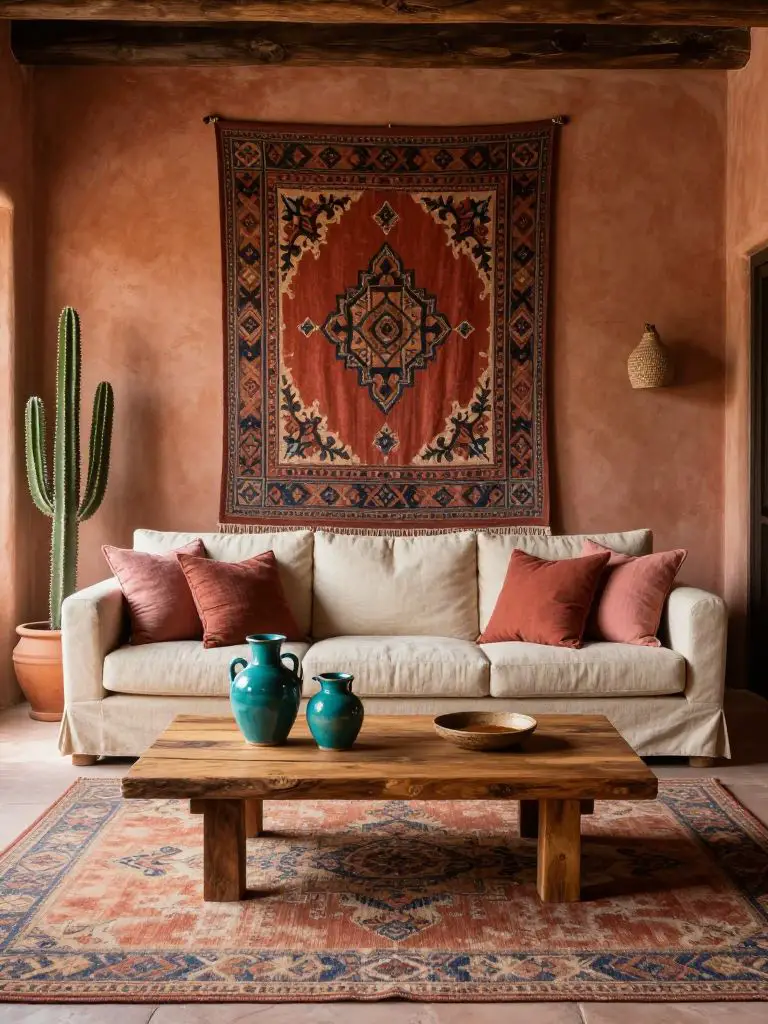 An earthy adobe-inspired rustic Mexican living room featuring a cream linen sectional centered against a patterned terracotta and rust-toned.