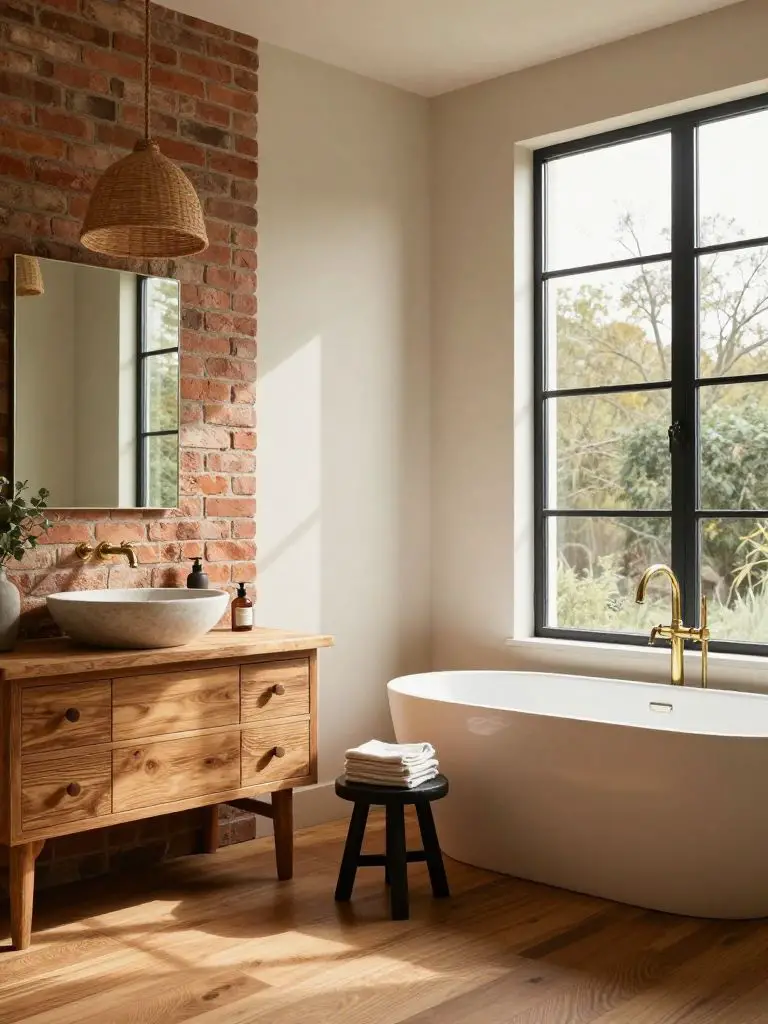 A warm modern earthy bathroom featuring a freestanding oval tub placed near tall black-framed windows.