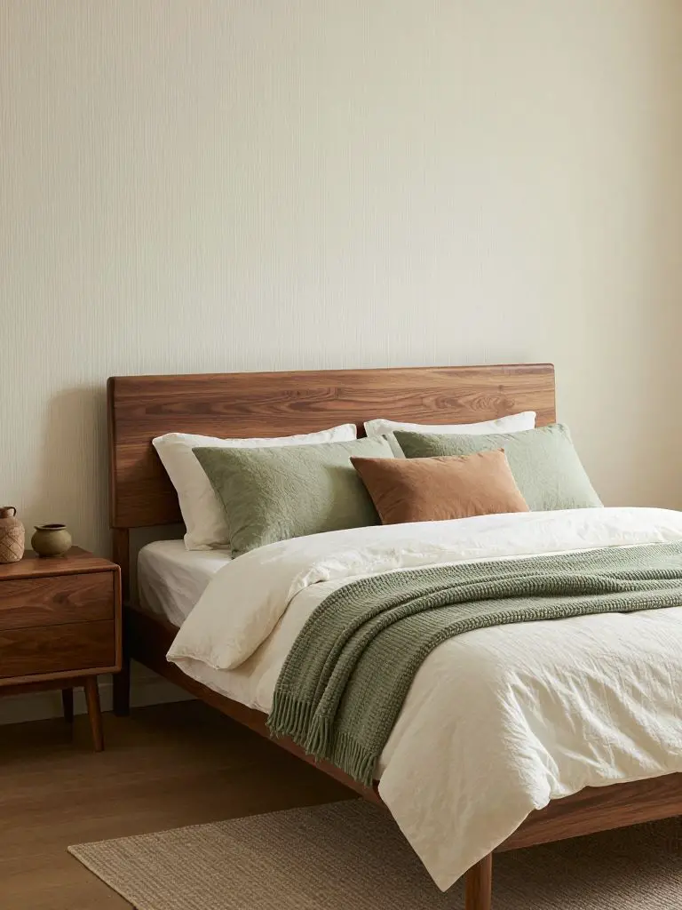 A cozy modern earthy bedroom styled with mid-century inspired warm wood furniture and layered green textiles.