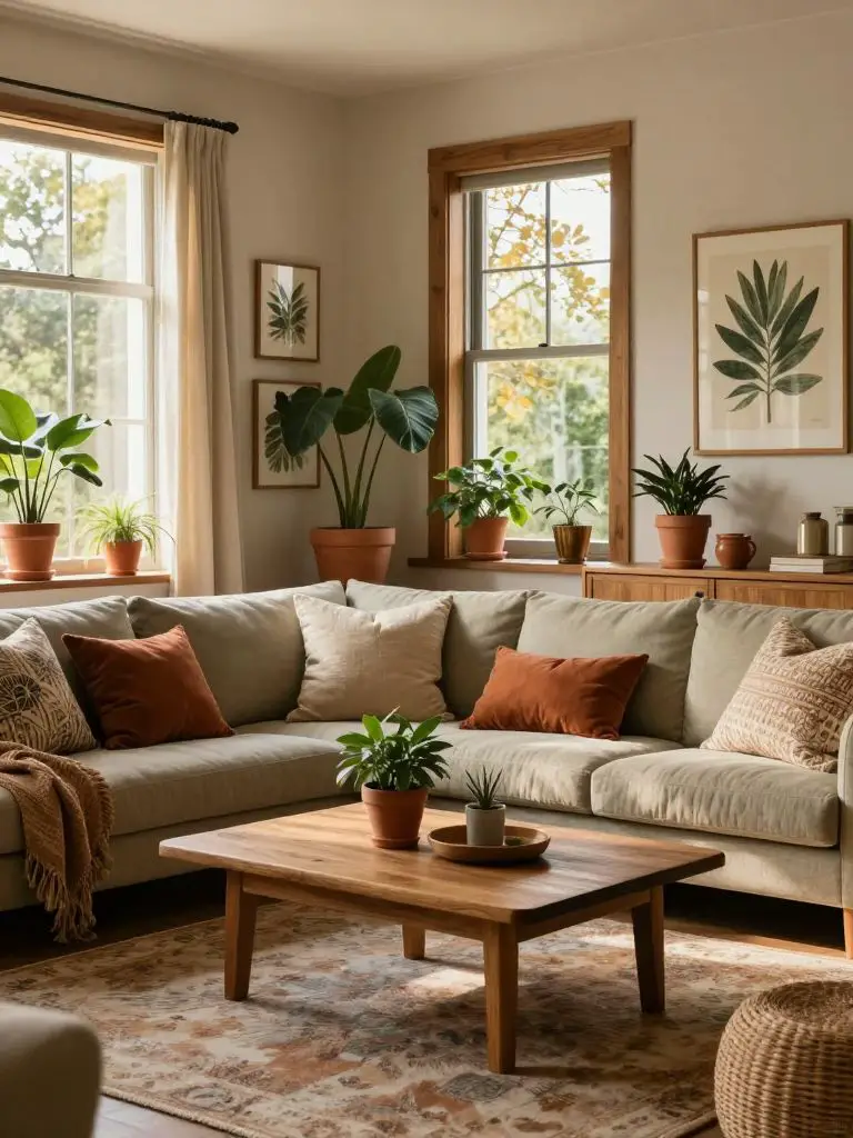 A botanical-inspired cozy earthy living room with a sage-toned sofa layered in rust, sand, and patterned neutral pillows.