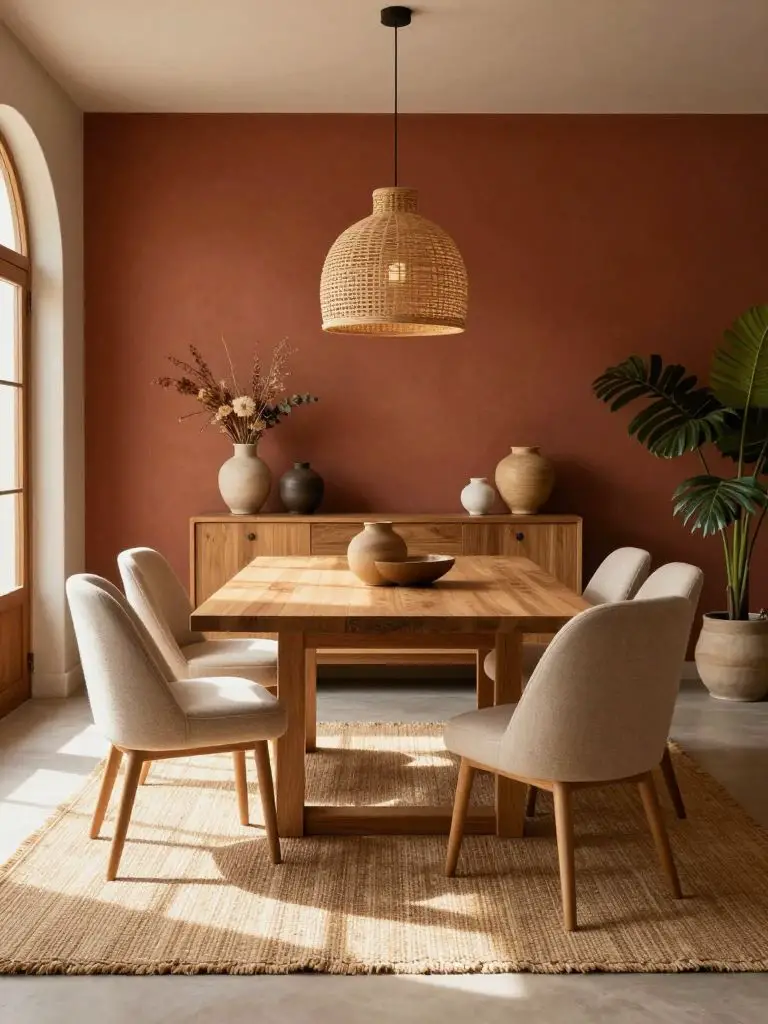 An earthy Japandi dining room with a rectangular oak table centered on a warm natural fiber rug.