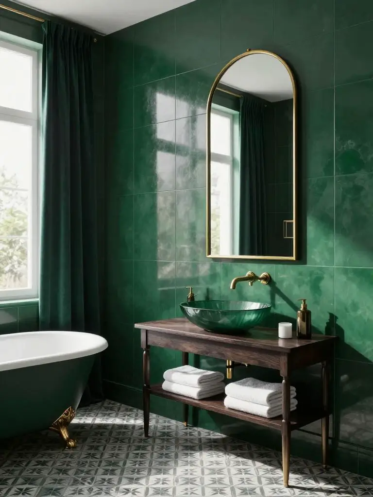 An earthy emerald green bathroom combining glossy emerald wall panels with patterned monochrome floor tiles.