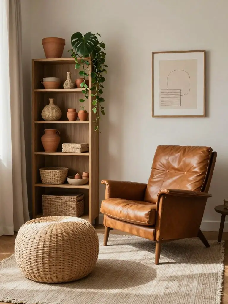 An earthy neutral reading nook styled in Warm Minimalist fashion, anchored by a caramel leather lounge chair placed beside a rounded rattan.