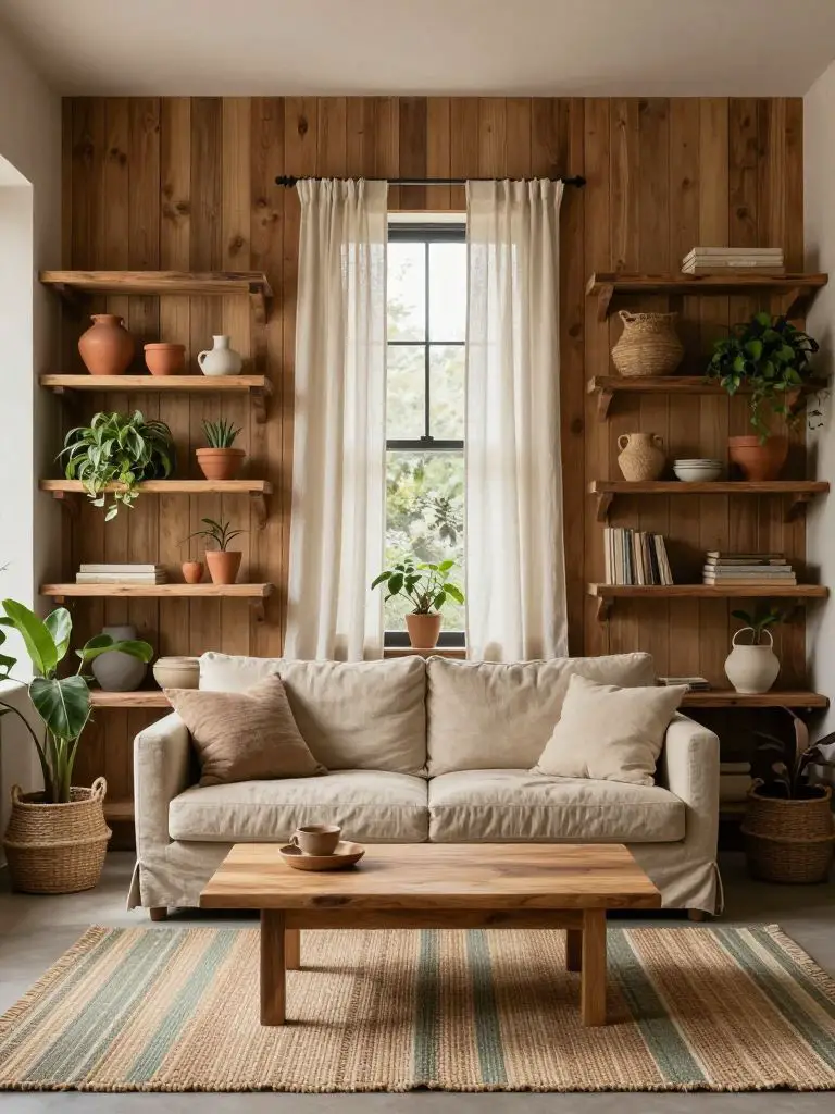 An earthy Scandinavian eco living room featuring vertical wood slat paneling and open reclaimed timber shelving.
