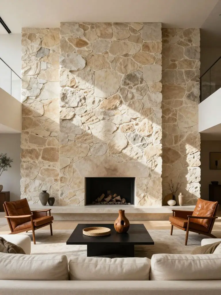 A modern rustic minimalist living room centered around a large irregular stone accent wall in warm limestone tones.
