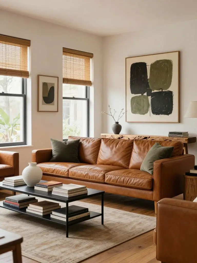 An eclectic rustic living room in Collected Rustic style featuring a warm caramel leather sofa as the focal piece.
