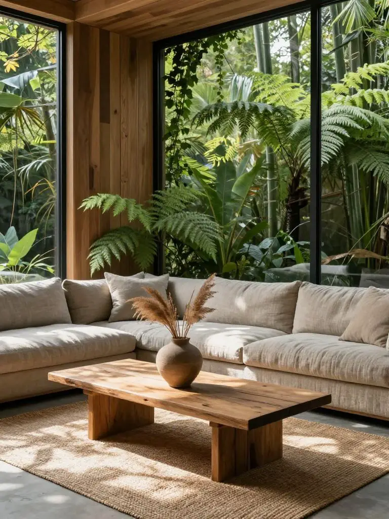 Present an eco-chic sanctuary enveloped by dense greenery, where the foreground displays a tactile jute rug and a reclaimed wood coffee tabl.