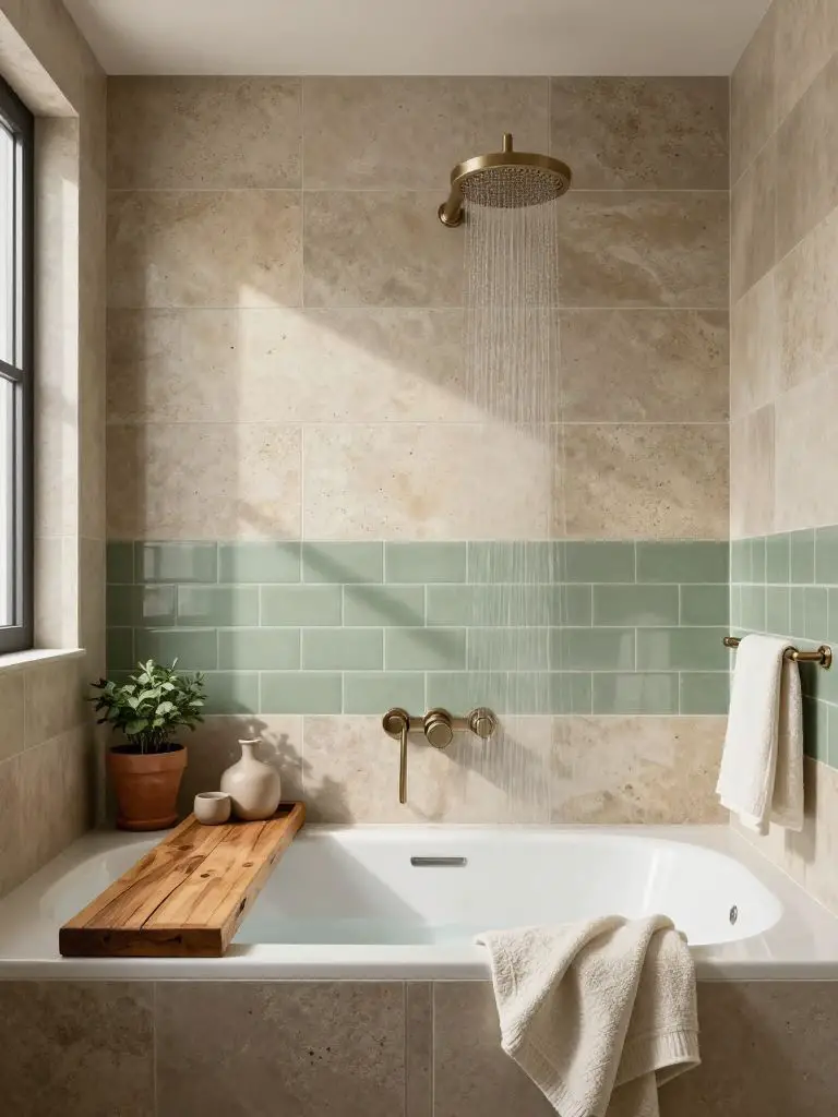 Design a compact sustainable home decor bathroom blending Warm Minimalist and eco-modern style.