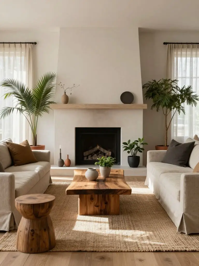 Create a sustainable home decor living room centered around a minimalist fireplace in a Modern Rustic style.
