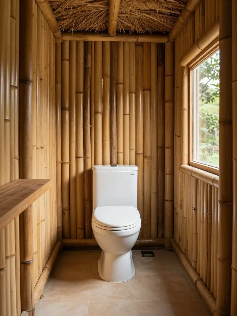 A rustic off-grid bathroom interior featuring a composting toilet inside a bamboo-clad cabin.