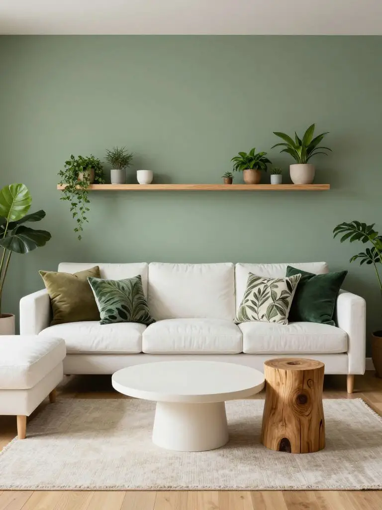 A sustainable living room featuring a white sectional set against a low-VOC sage green accent wall.