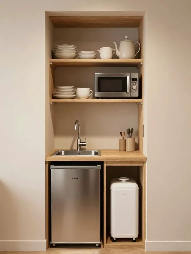 A compact off-grid kitchenette designed with efficient vertical storage in Warm Minimalist style.