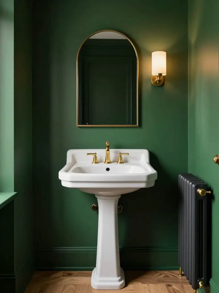 An elegant dark green powder room featuring deep emerald painted walls, a white porcelain pedestal sink, and brass wall-mounted faucet.