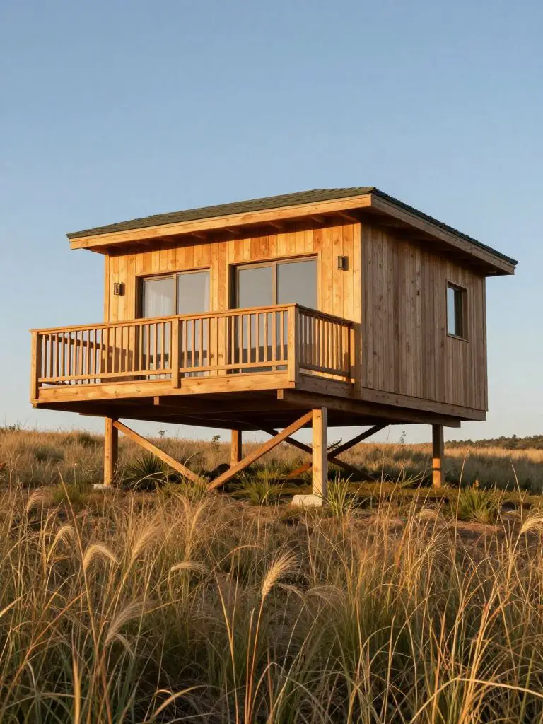 An elevated hillside small cabin idea perched on timber stilts overlooking rolling grassy terrain.