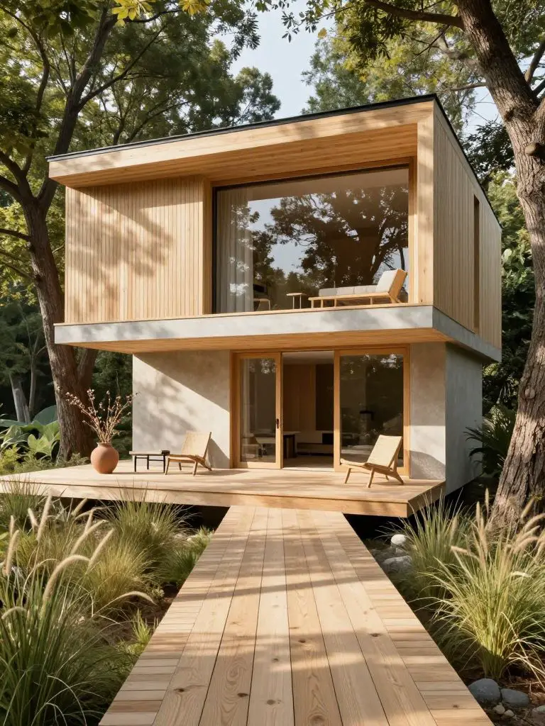 Photograph an , hyper- elevated treehouse designed for sustainable living, with a warm, minimalist Scandinavian aesthetic.