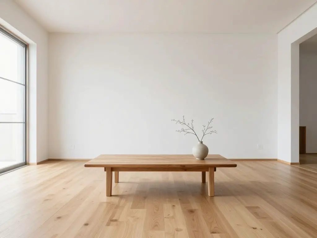 interior photograph showcasing ma concept in Japanese minimalist living room, expansive empty floor space in light oak, single low wooden co.