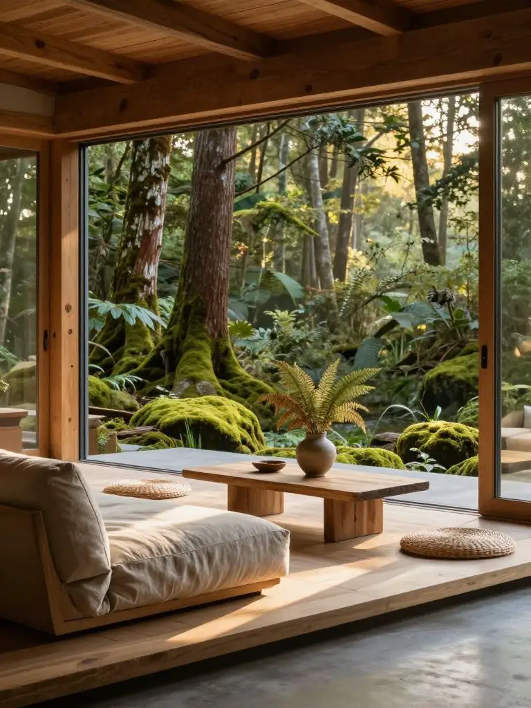 Photograph a serene living space where expansive sliding glass walls open directly onto a lush mossy forest, blurring the boundary between i.