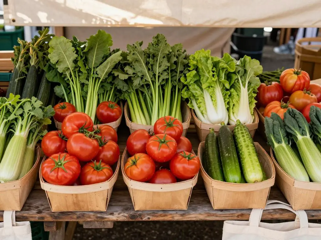 overhead shot of a bustling outdoor farmers market stall displaying colorful fresh vegetables and fruits in woven baskets, featuring heirloo.