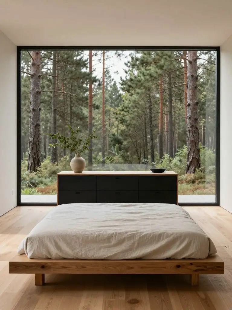 A striking photograph captures the minimalist essence of a modern rustic cabin bedroom, where a platform bed with crisp linen bedding sits c.