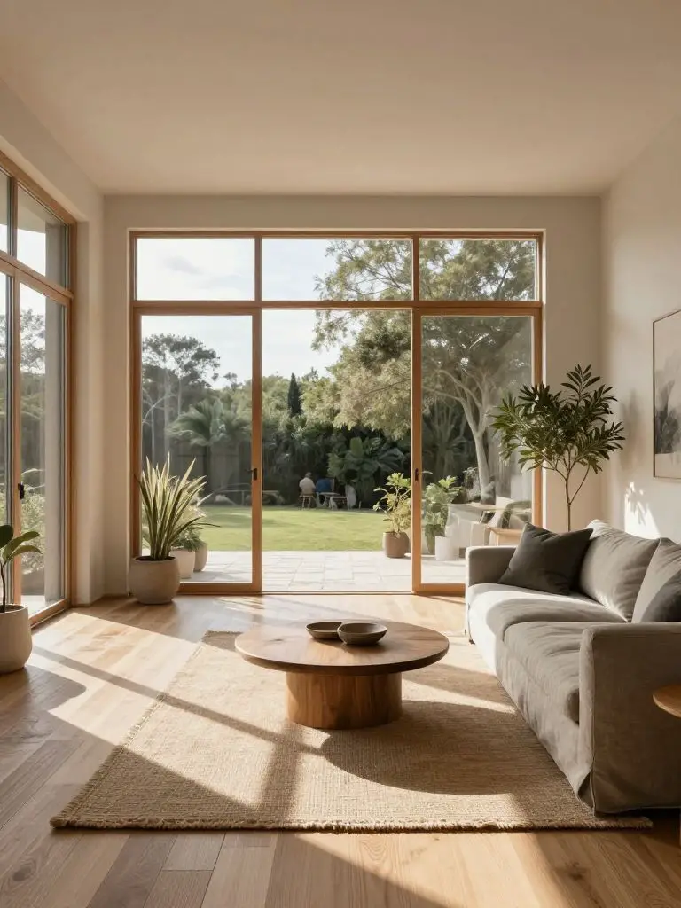 Sustainable open-concept living area designed around floor-to-ceiling energy-efficient windows in a Warm Minimalist aesthetic.