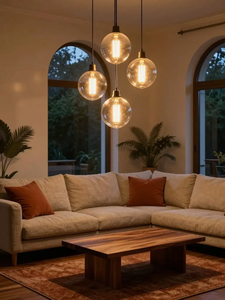 Sustainable evening living room with energy-efficient LED filament pendant lights suspended above a linen sofa.