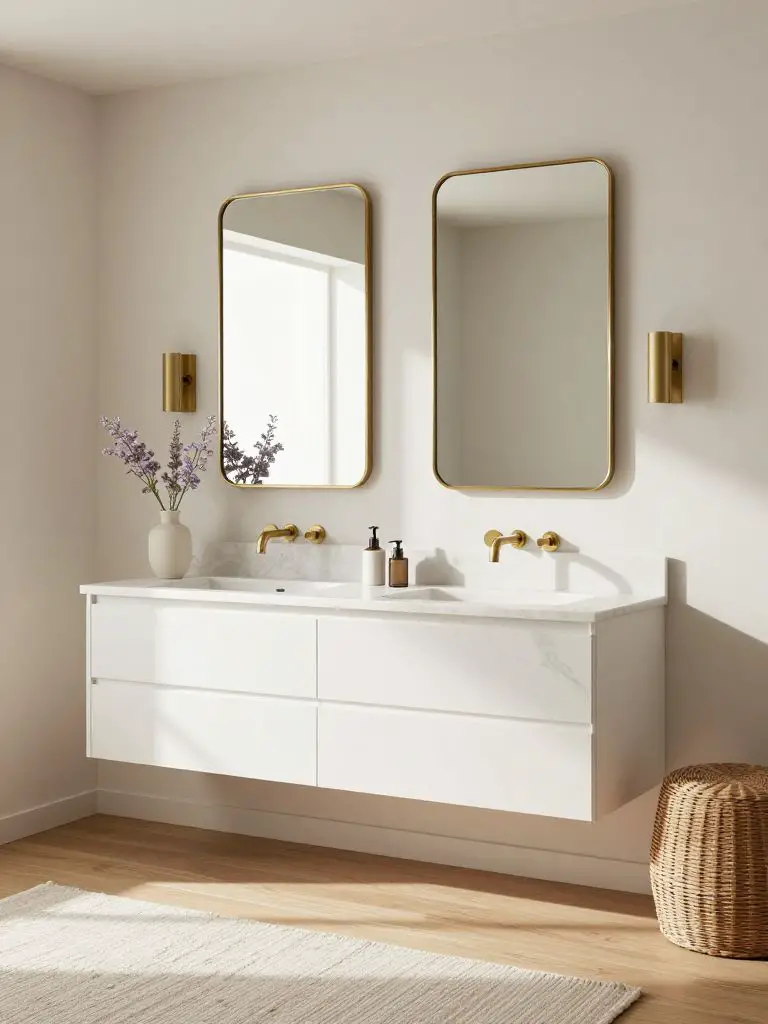 A refined contemporary bathroom with warm minimalist styling, showcasing a floating white vanity with a honed marble countertop and wall-mou.
