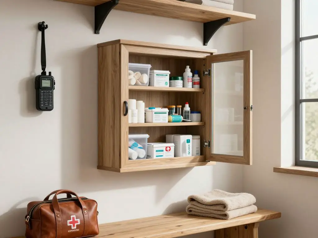 Interior photograph of a curated emergency medical station in a modern rustic mudroom, featuring a wall-mounted first aid cabinet in natural.