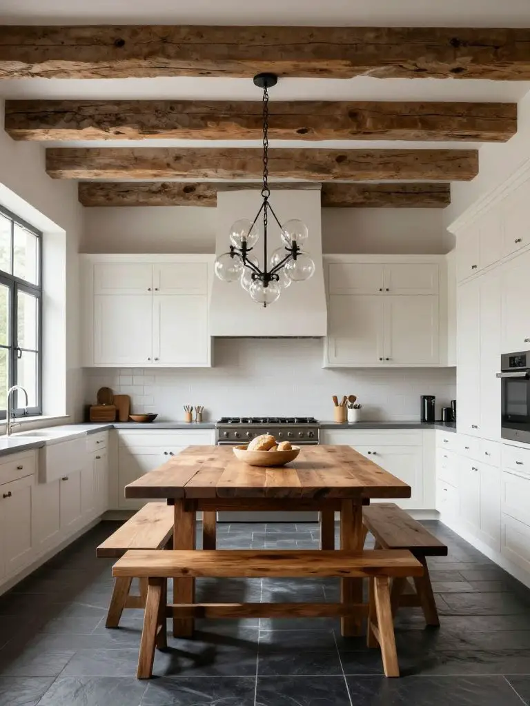 A spacious modern rustic kitchen with exposed reclaimed timber ceiling beams and a dramatic multi-globe glass chandelier suspended above a l.