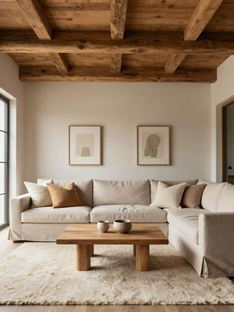 A cozy earthy living room with exposed rustic wood ceiling beams and a soft neutral sectional arranged in an L-shape.