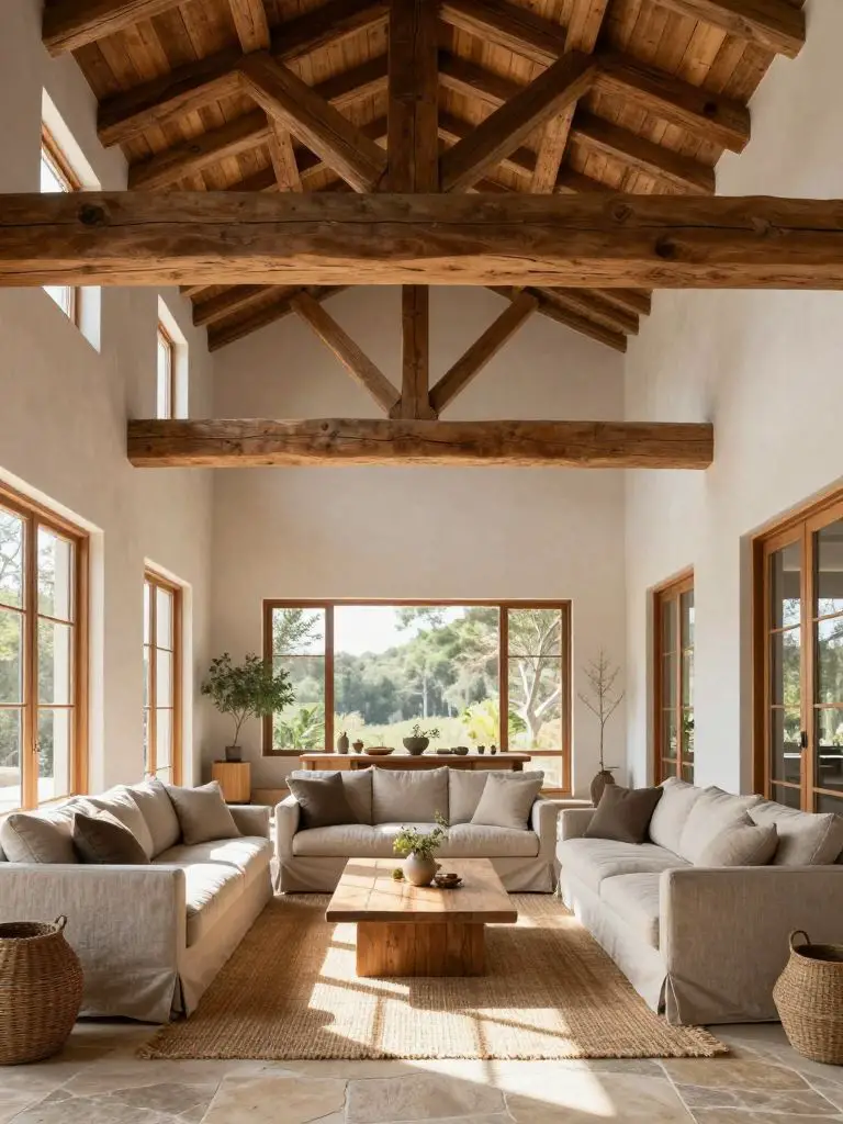 Eco-friendly great room with exposed reclaimed timber beams and vaulted ceiling in a Modern Rustic sustainable design.