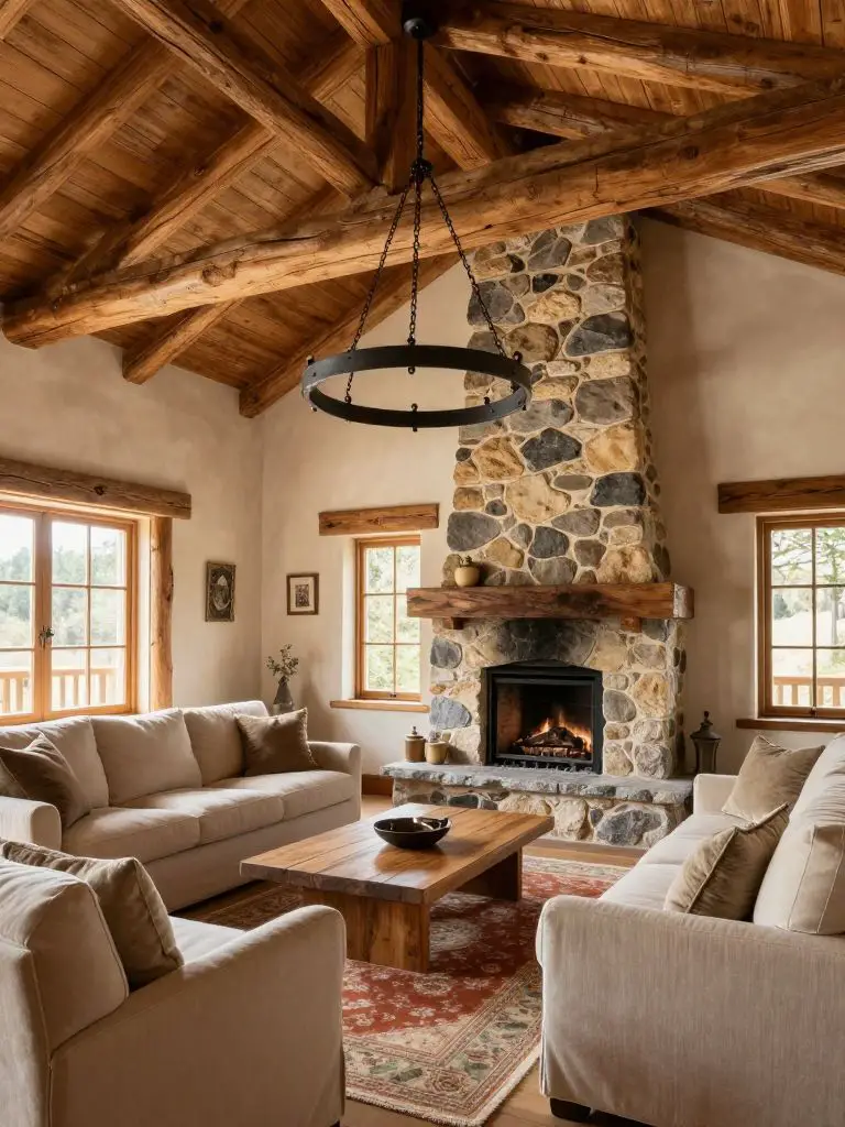 A rustic mountain cabin great room with exposed timber beams crossing a vaulted ceiling and a large iron ring chandelier suspended centrally.
