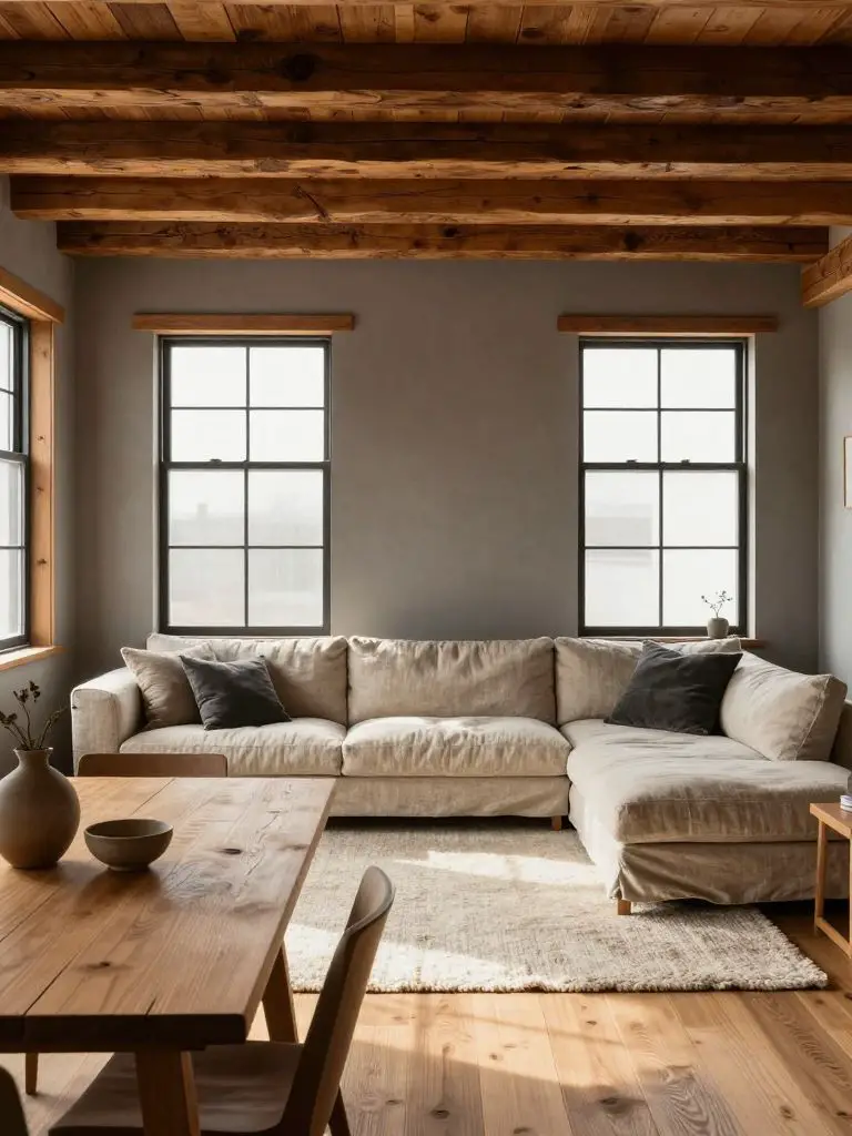 A Japanese Scandinavian living room set beneath exposed timber beams, blending rustic warmth with minimalist restraint.