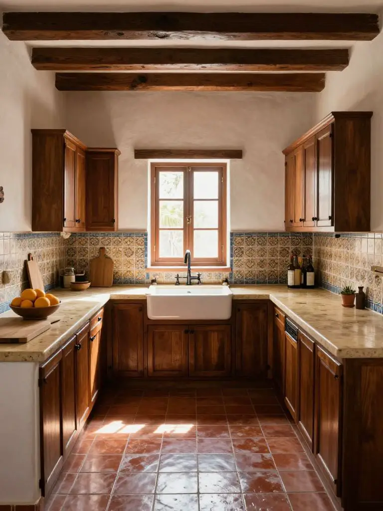 A traditional Mexican Hacienda kitchen with exposed dark wood ceiling beams set against soft ivory plaster walls, paired with classic Saltil.