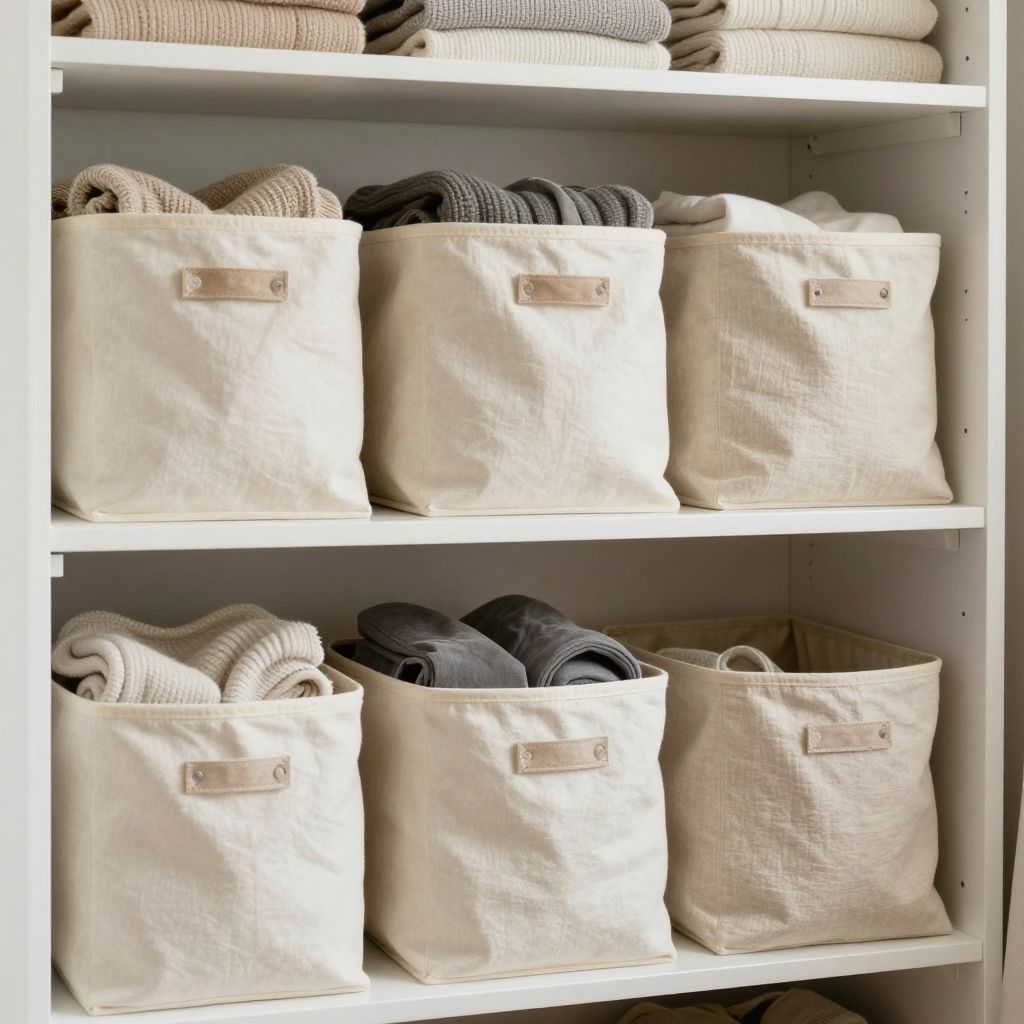 interior photography of a well-organized bedroom closet with natural cotton canvas storage bins in cream and natural linen colors on white s.