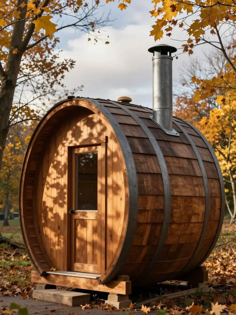 A fairytale-inspired barrel-shaped small cabin idea elevated among autumn trees.