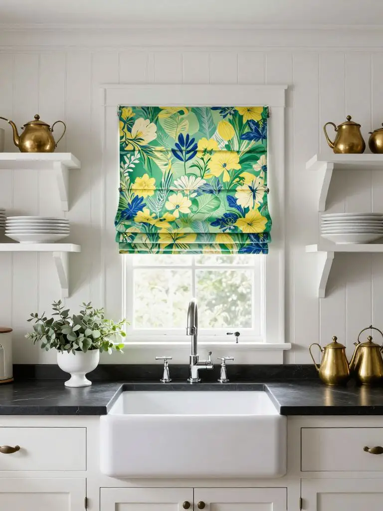 A bright farmhouse kitchen in Classic Rustic style centered around a white apron-front sink positioned beneath a small window.