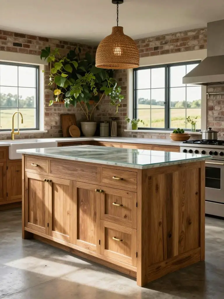 Showcase a farmhouse kitchen seamlessly integrated with modern eco upgrades, where reclaimed timber cabinetry takes center stage in the fore.