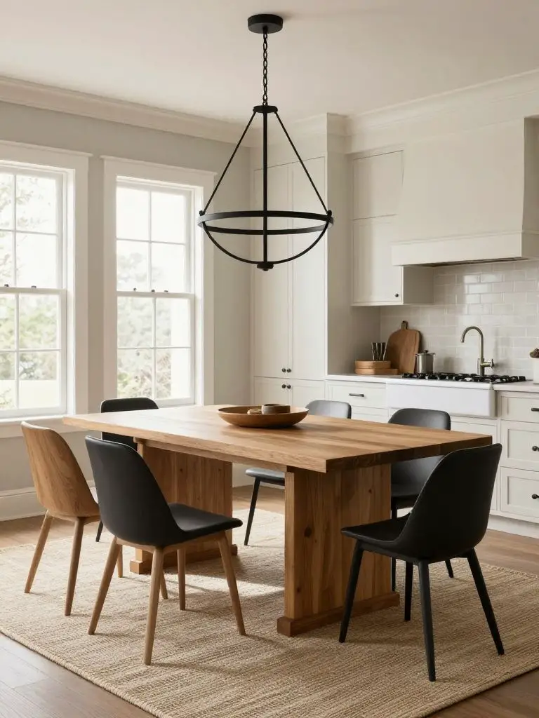 A modern farmhouse kitchen renovation featuring a solid oak farmhouse dining table positioned centrally on a soft woven area rug, surrounded.