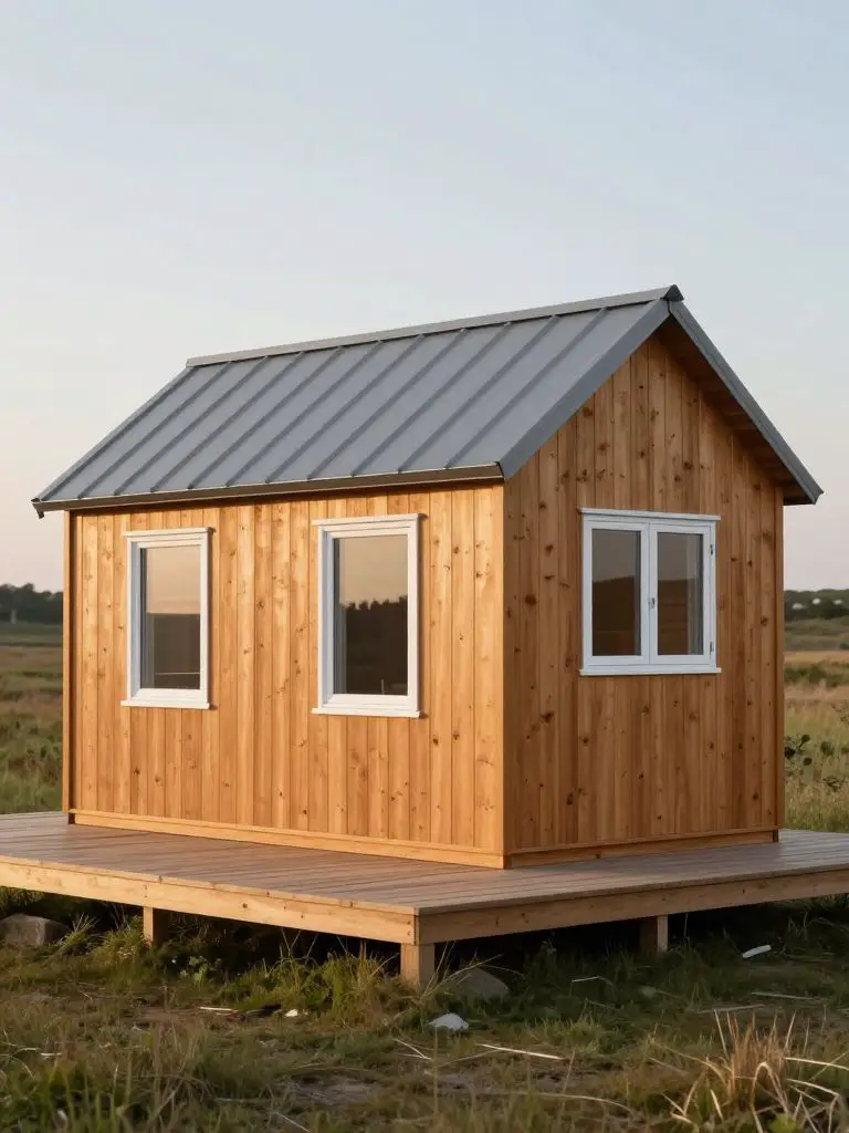 A simple off-grid tiny cabin exterior clad in natural cedar siding, set on a raised foundation with a minimal wooden deck.