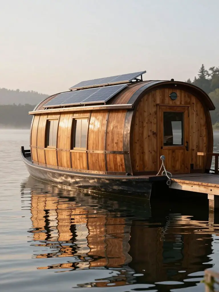 An , hyper- architectural photograph of a cylindrical barrel houseboat floating on tranquil lake waters, its curved timber cladding and dark.