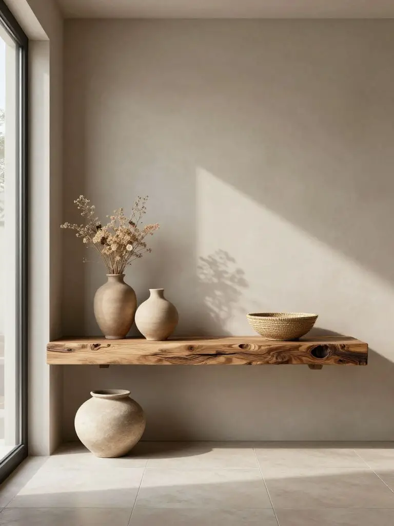 A minimalist hallway vignette showcasing a floating reclaimed wood shelf in natural oak tones.