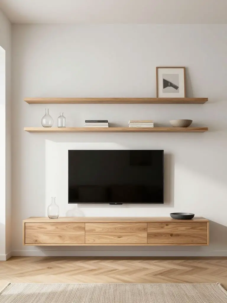 A minimalist living room TV wall featuring two floating FSC-certified oak shelves above a wall-mounted flat screen, styled in Scandinavian W.