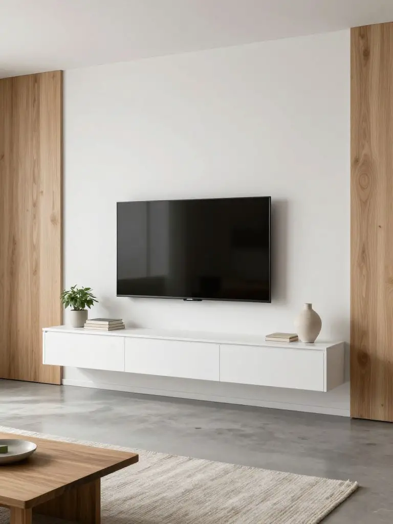 A minimalist TV wall featuring a floating white console framed by vertical oak side panels.