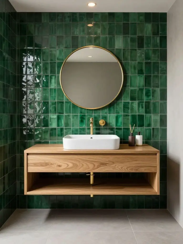 A contemporary floating wood vanity paired with a glossy emerald vertical subway tile feature wall.
