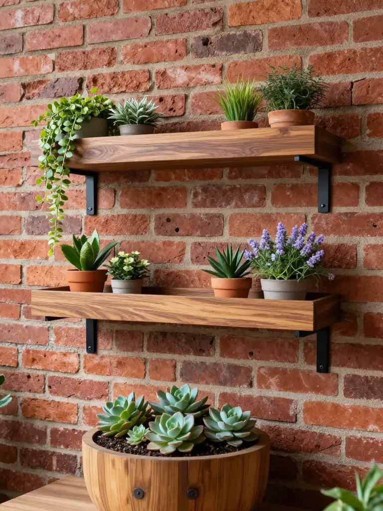 Floating wooden wall shelves with matte black metal brackets mounted on a red brick exterior wall, styled in Warm Minimalist garden decor.