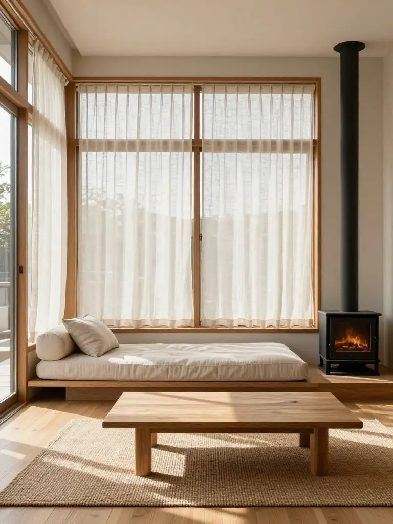 A Japanese Scandinavian living room featuring a floor-level linen daybed positioned along a wall of towering wood-framed windows.