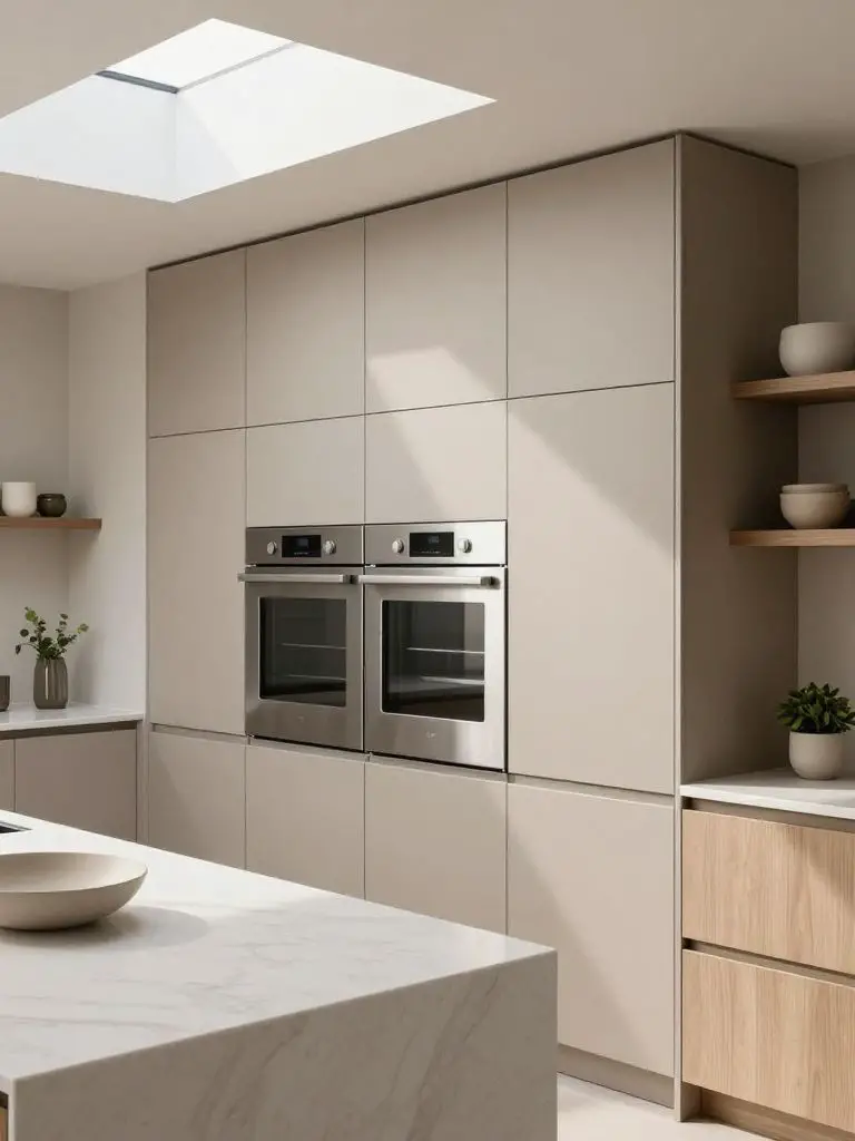Sleek kitchen remodel showcasing a floor-to-ceiling cabinet wall with fully integrated stainless appliances as the dominant focal point.